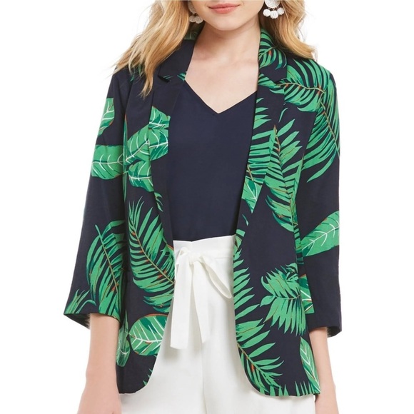 Skies are Blue Ophelia Blue Green Palm Leaf Open Front Blazer medium - Picture 1 of 12